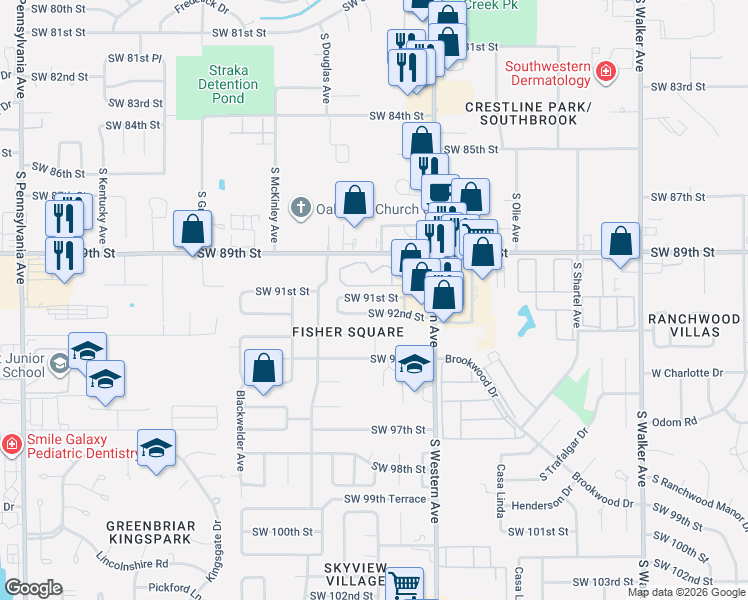 map of restaurants, bars, coffee shops, grocery stores, and more near 1009 Southwest 91st Street in Oklahoma City
