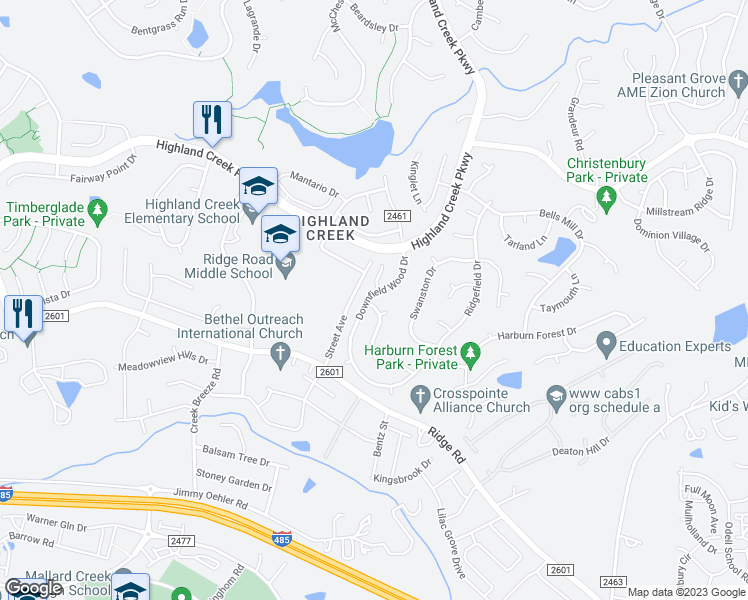 map of restaurants, bars, coffee shops, grocery stores, and more near 7501 Lady Bank Drive in Charlotte