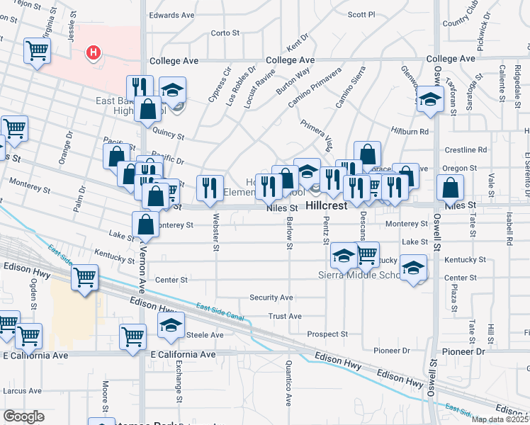 map of restaurants, bars, coffee shops, grocery stores, and more near 2625 Niles Street in Bakersfield