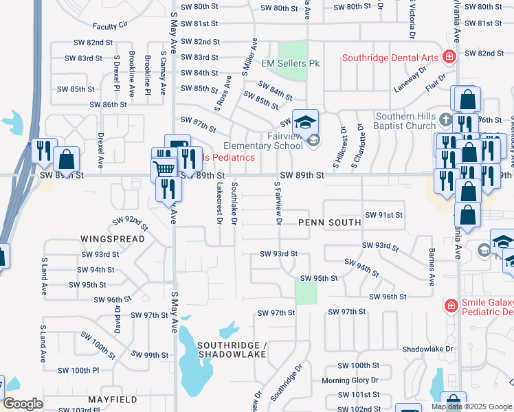 map of restaurants, bars, coffee shops, grocery stores, and more near 2612 Southwest 90th Place in Oklahoma City