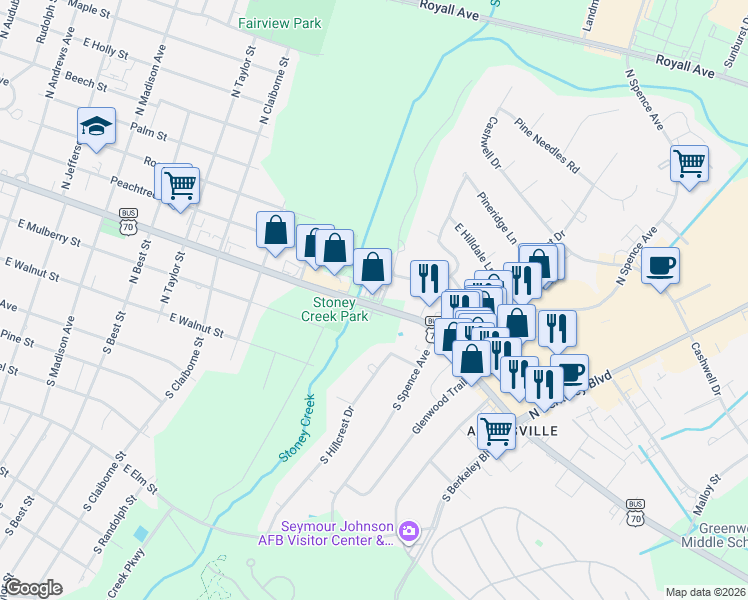 map of restaurants, bars, coffee shops, grocery stores, and more near 2313 East Ash Street in Goldsboro
