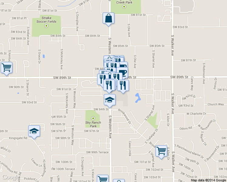 map of restaurants, bars, coffee shops, grocery stores, and more near 9116 South Western Avenue in Oklahoma City