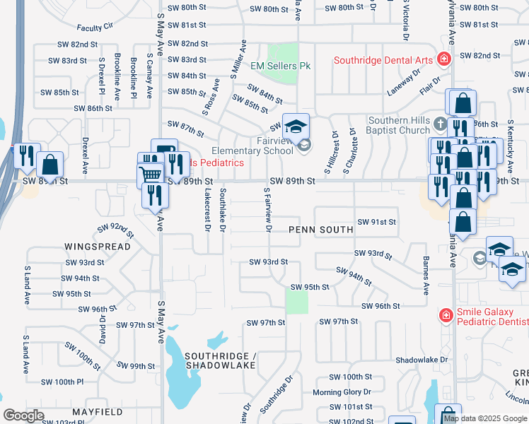 map of restaurants, bars, coffee shops, grocery stores, and more near 2612 Southwest 90th Place in Oklahoma City
