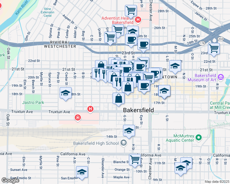 map of restaurants, bars, coffee shops, grocery stores, and more near 1831 F Street in Bakersfield