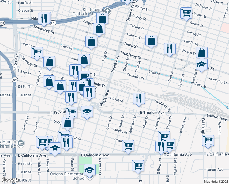 map of restaurants, bars, coffee shops, grocery stores, and more near 923 Sumner Street in Bakersfield