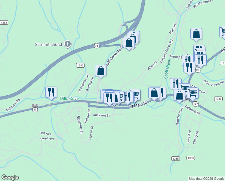 map of restaurants, bars, coffee shops, grocery stores, and more near 343 Municipal Drive in Sylva