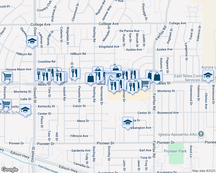 map of restaurants, bars, coffee shops, grocery stores, and more near 4006 Niles Street in Bakersfield