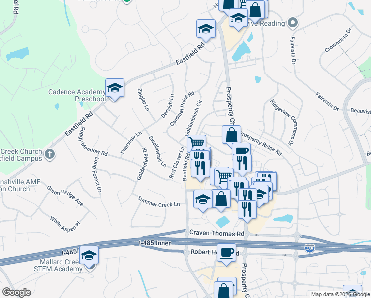 map of restaurants, bars, coffee shops, grocery stores, and more near 6300 Goldenblush Circle in Charlotte