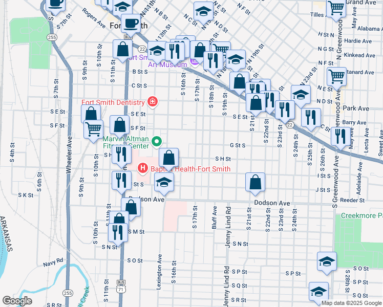 map of restaurants, bars, coffee shops, grocery stores, and more near 711 Lexington Avenue in Fort Smith