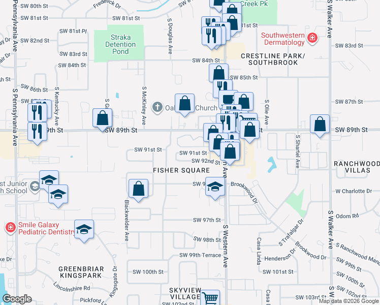 map of restaurants, bars, coffee shops, grocery stores, and more near 1009 Southwest 91st Street in Oklahoma City
