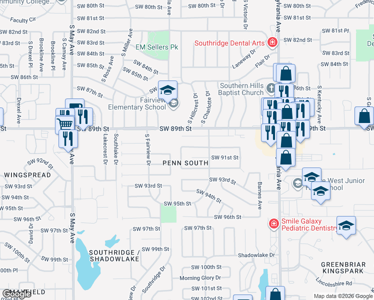 map of restaurants, bars, coffee shops, grocery stores, and more near 2429 Southwest 90th Street in Oklahoma City