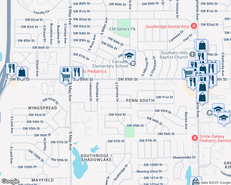 map of restaurants, bars, coffee shops, grocery stores, and more near 2612 Southwest 90th Place in Oklahoma City