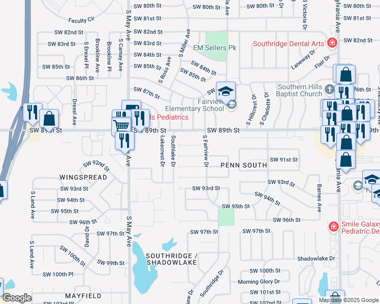 map of restaurants, bars, coffee shops, grocery stores, and more near 2612 Southwest 90th Place in Oklahoma City