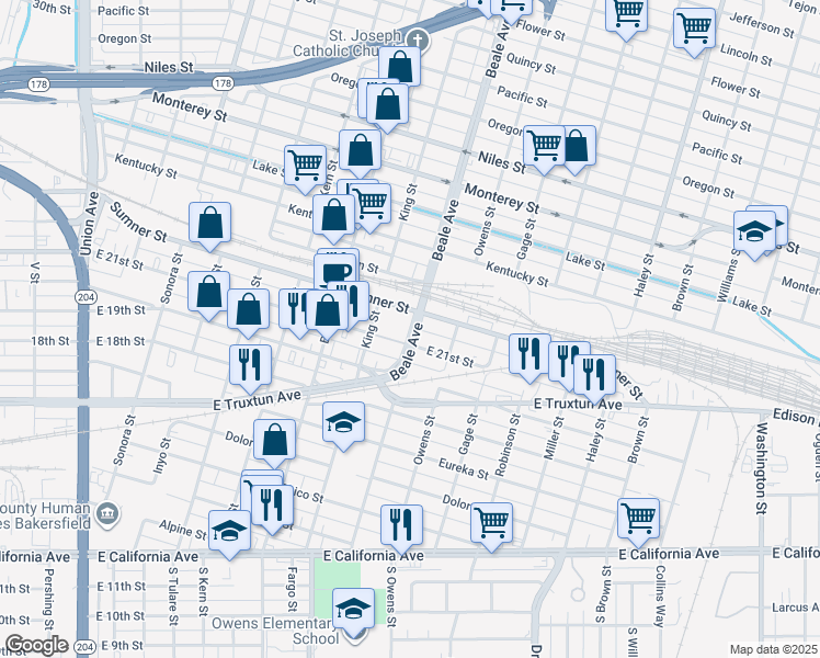 map of restaurants, bars, coffee shops, grocery stores, and more near 2 Beale Avenue in Bakersfield