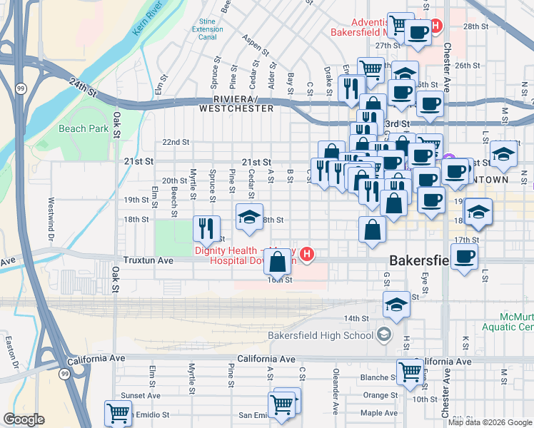 map of restaurants, bars, coffee shops, grocery stores, and more near 2403 19th Street in Bakersfield