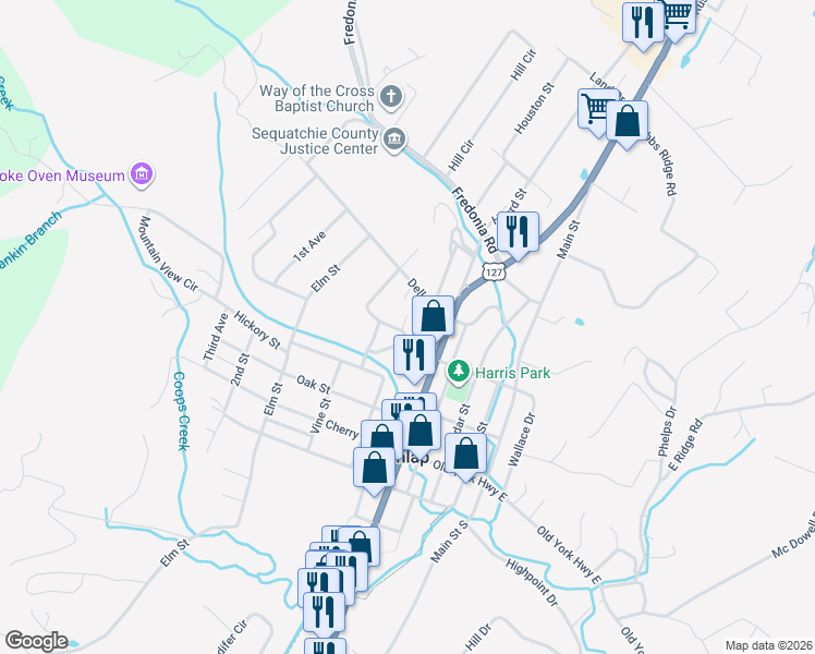 map of restaurants, bars, coffee shops, grocery stores, and more near L Railroad Street in Dunlap