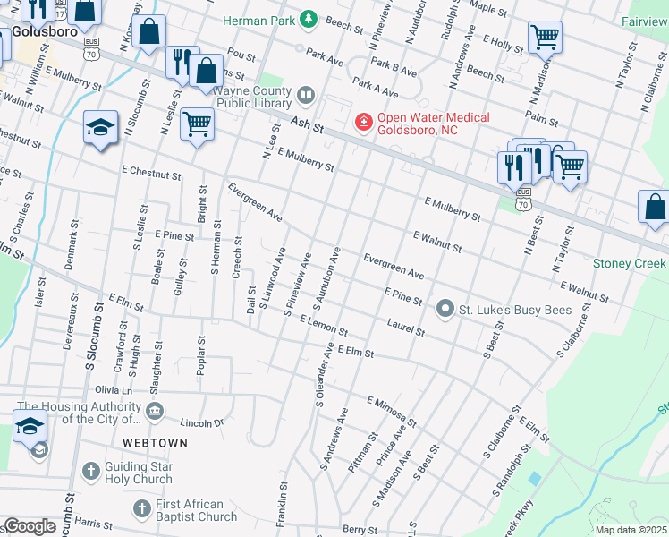 map of restaurants, bars, coffee shops, grocery stores, and more near 208 South Audubon Avenue in Goldsboro