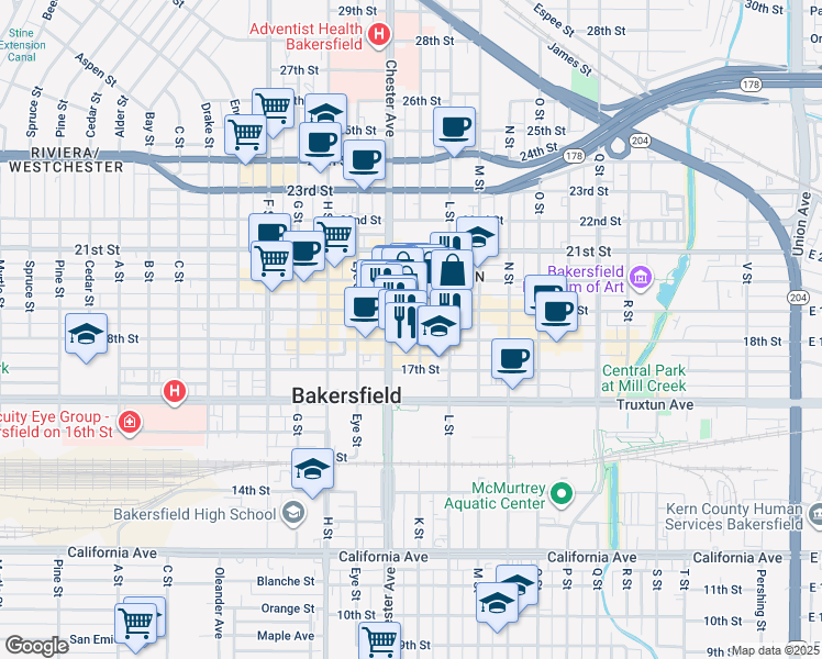 map of restaurants, bars, coffee shops, grocery stores, and more near 1401 19th Street in Bakersfield
