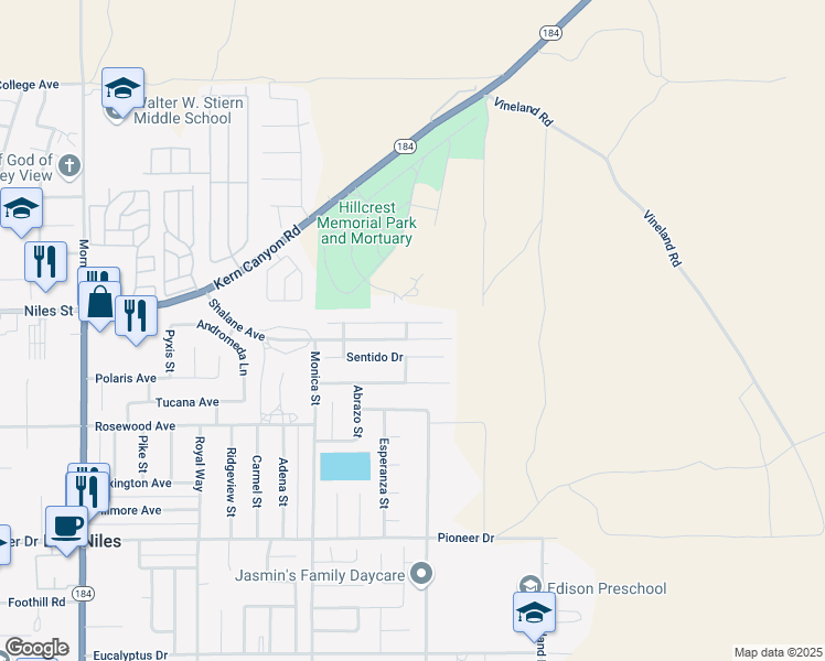 map of restaurants, bars, coffee shops, grocery stores, and more near 9124 Lorelei Rock Drive in Bakersfield