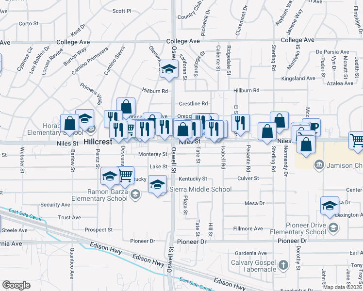 map of restaurants, bars, coffee shops, grocery stores, and more near 3115 Niles Street in Bakersfield