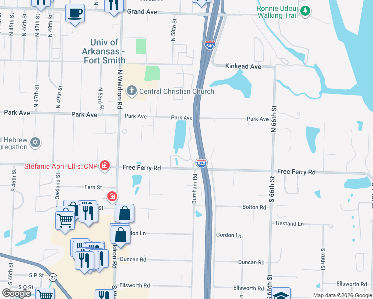 map of restaurants, bars, coffee shops, grocery stores, and more near 5701 Free Ferry Road in Fort Smith