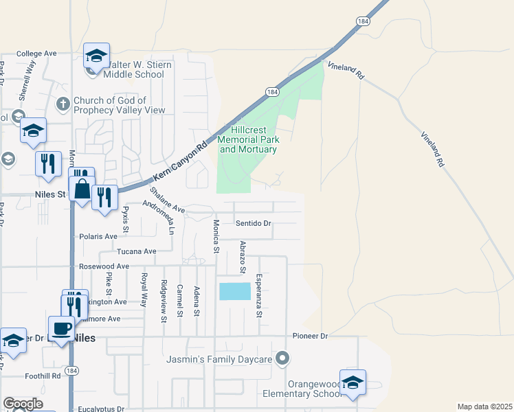 map of restaurants, bars, coffee shops, grocery stores, and more near 9107 Lorelei Rock Drive in Bakersfield