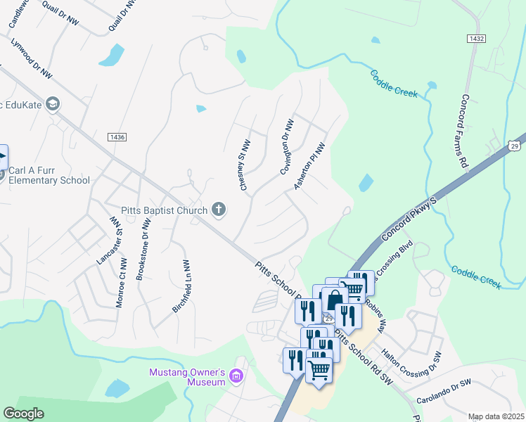 map of restaurants, bars, coffee shops, grocery stores, and more near 4852 Asherton Place Northwest in Concord