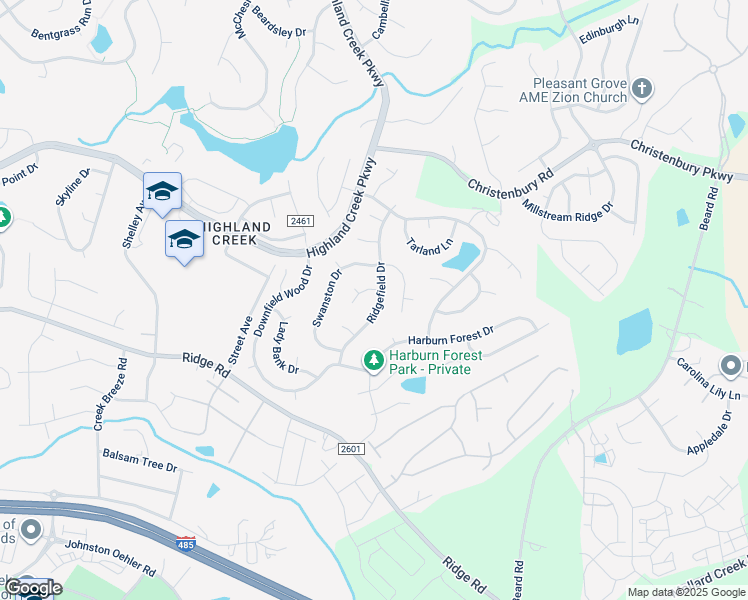 map of restaurants, bars, coffee shops, grocery stores, and more near 7401 Ridgefield Drive in Charlotte