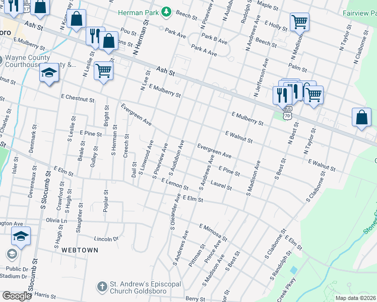 map of restaurants, bars, coffee shops, grocery stores, and more near 1400-1498 East Evergreen Avenue in Goldsboro