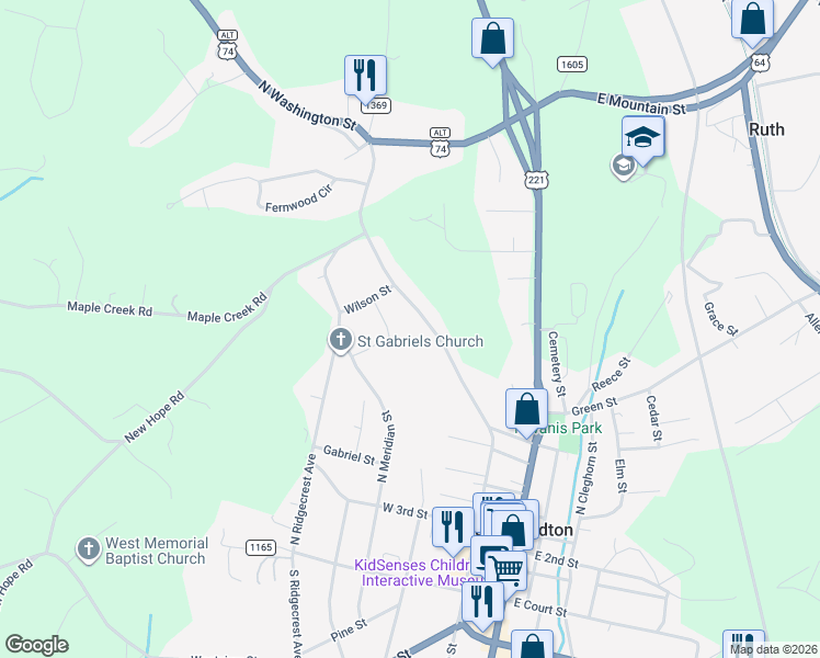 map of restaurants, bars, coffee shops, grocery stores, and more near 475 North Washington Street in Rutherfordton
