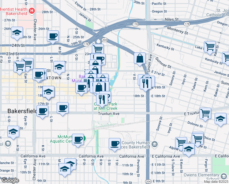 map of restaurants, bars, coffee shops, grocery stores, and more near 429 19th Street in Bakersfield