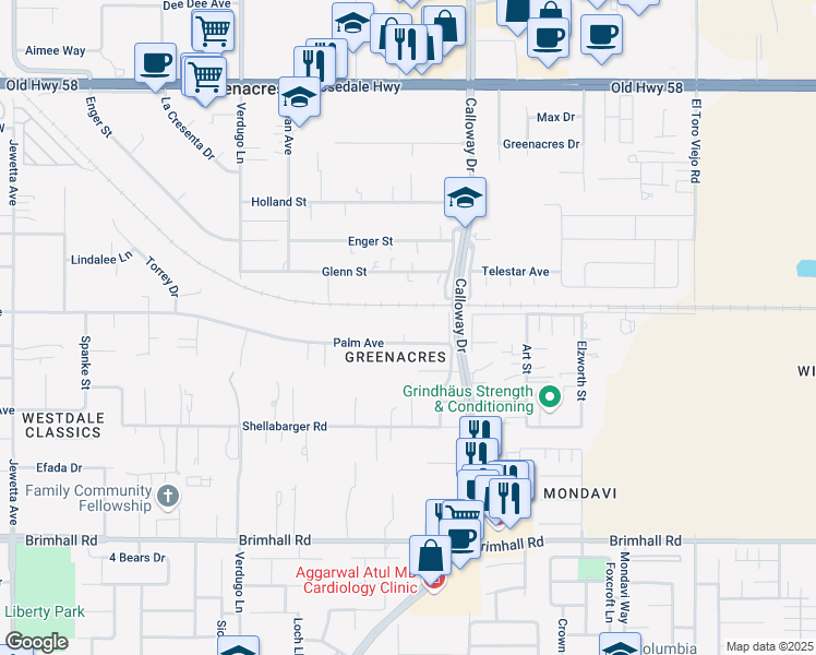 map of restaurants, bars, coffee shops, grocery stores, and more near 9824 Palm Avenue in Bakersfield