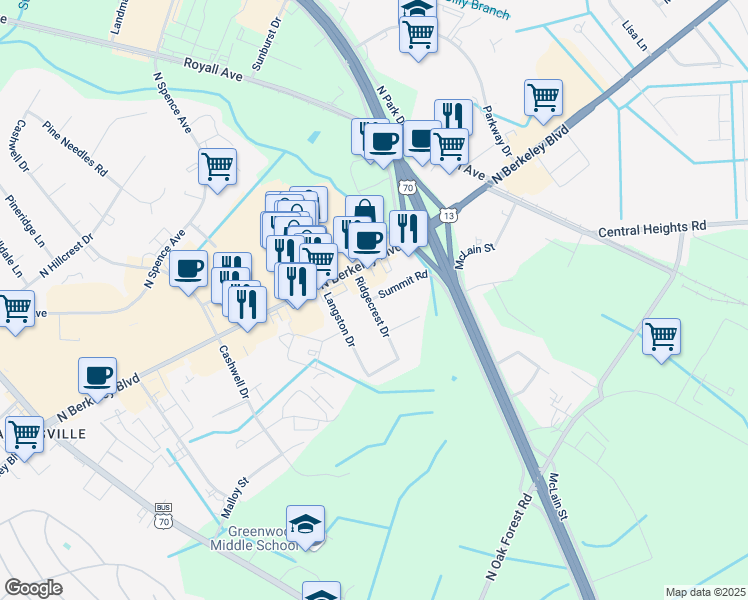 map of restaurants, bars, coffee shops, grocery stores, and more near 805 Summit Road in Goldsboro