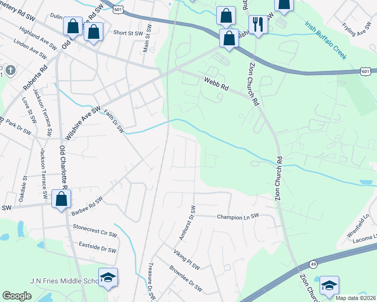 map of restaurants, bars, coffee shops, grocery stores, and more near 538 Pullman Street Southwest in Concord