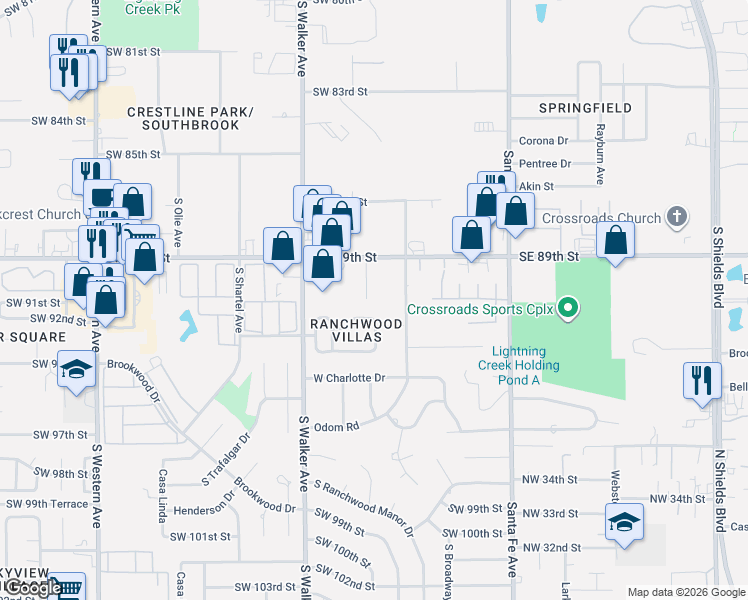 map of restaurants, bars, coffee shops, grocery stores, and more near 9104 Cates Way in Oklahoma City