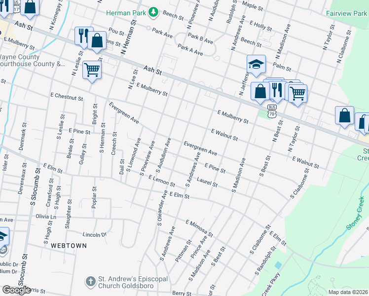 map of restaurants, bars, coffee shops, grocery stores, and more near 1400 Evergreen Avenue in Goldsboro