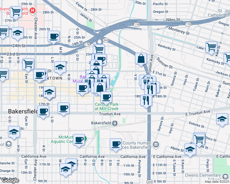 map of restaurants, bars, coffee shops, grocery stores, and more near 508 18th Street in Bakersfield