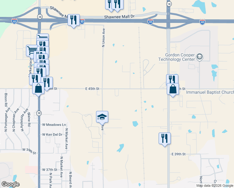 map of restaurants, bars, coffee shops, grocery stores, and more near 303 East 45th Street in Shawnee