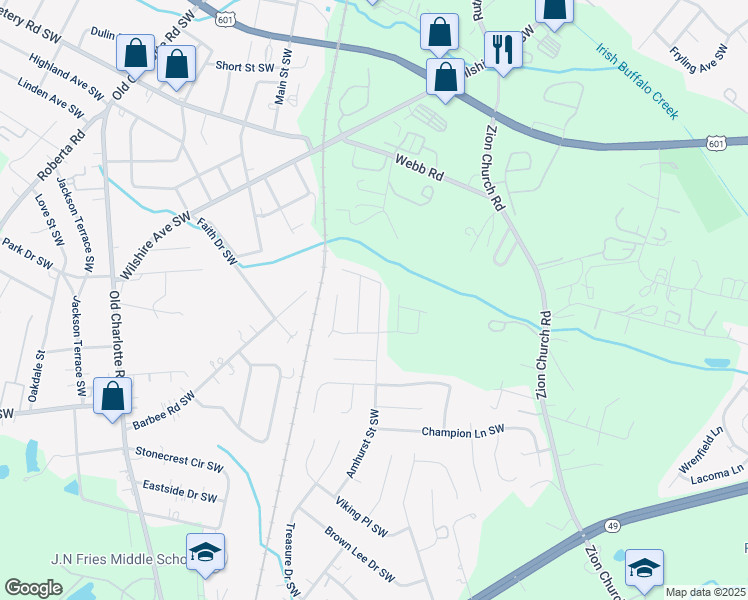 map of restaurants, bars, coffee shops, grocery stores, and more near 531 Amhurst Street Southwest in Concord