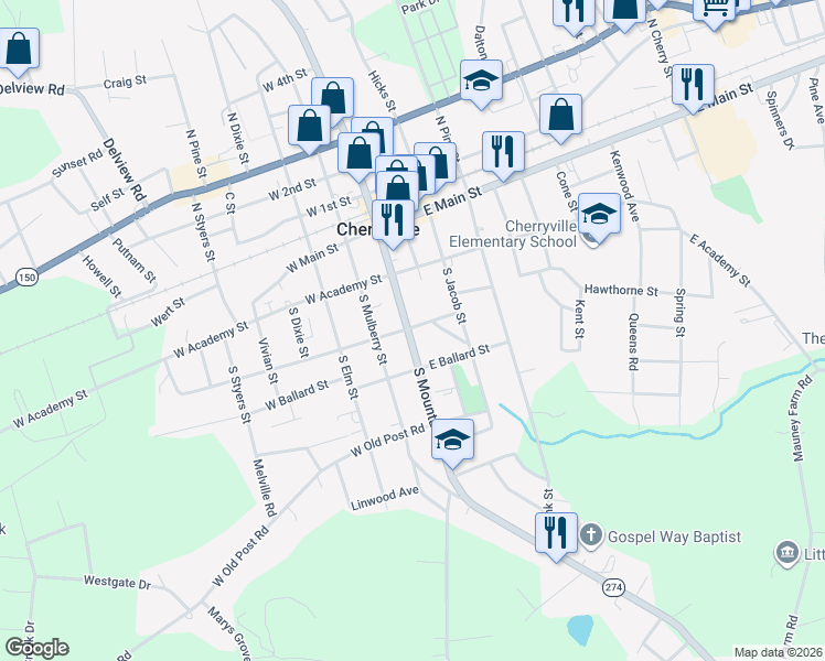 map of restaurants, bars, coffee shops, grocery stores, and more near 101 East Carrol Street in Cherryville