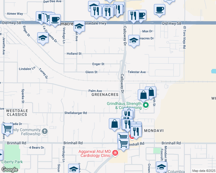 map of restaurants, bars, coffee shops, grocery stores, and more near 9824 Palm Avenue in Bakersfield