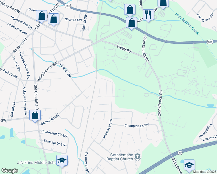 map of restaurants, bars, coffee shops, grocery stores, and more near 538 Pullman Street Southwest in Concord