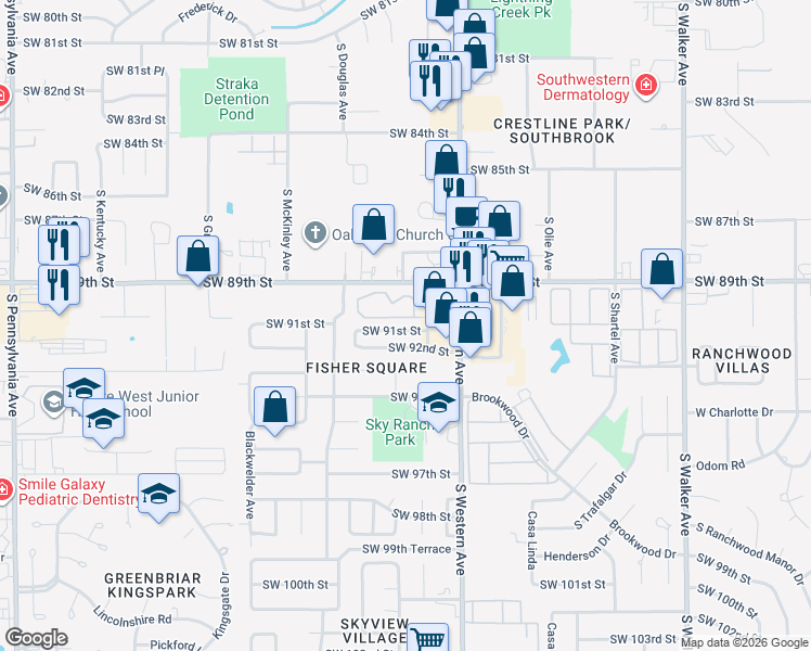 map of restaurants, bars, coffee shops, grocery stores, and more near 1009 Southwest 91st Street in Oklahoma City