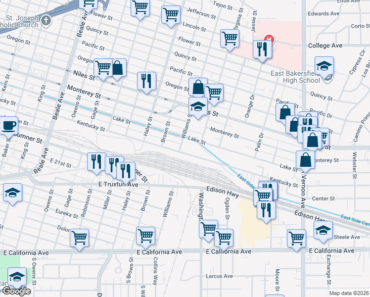 map of restaurants, bars, coffee shops, grocery stores, and more near 1631 Lake Street in Bakersfield