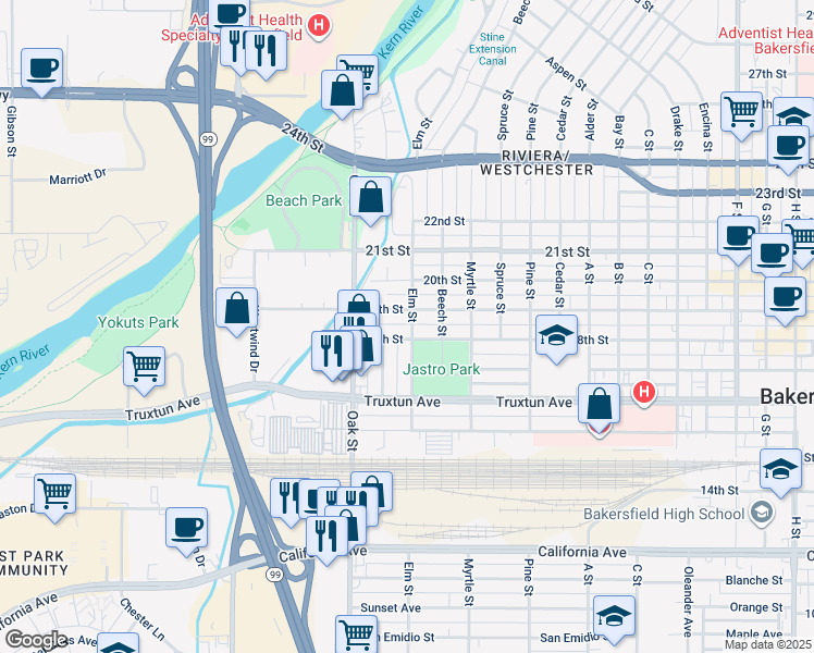 map of restaurants, bars, coffee shops, grocery stores, and more near 1815 Elm Street in Bakersfield