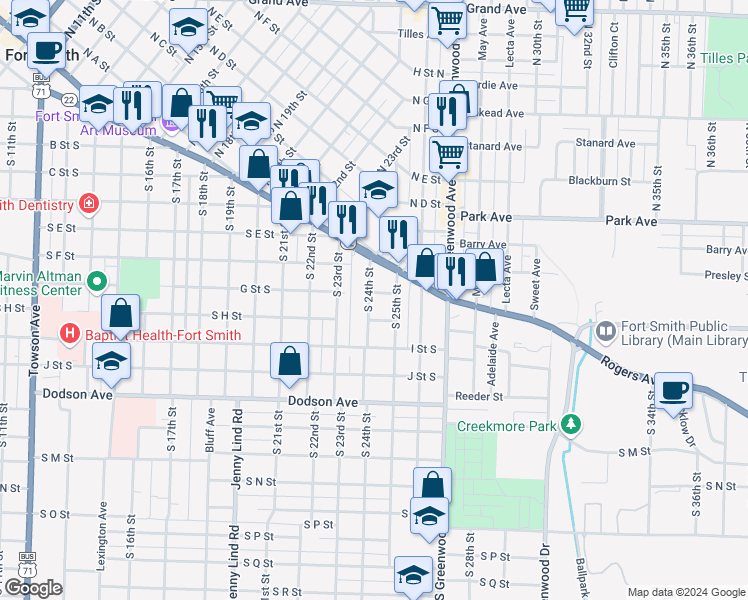 map of restaurants, bars, coffee shops, grocery stores, and more near 801 South 24th Street in Fort Smith