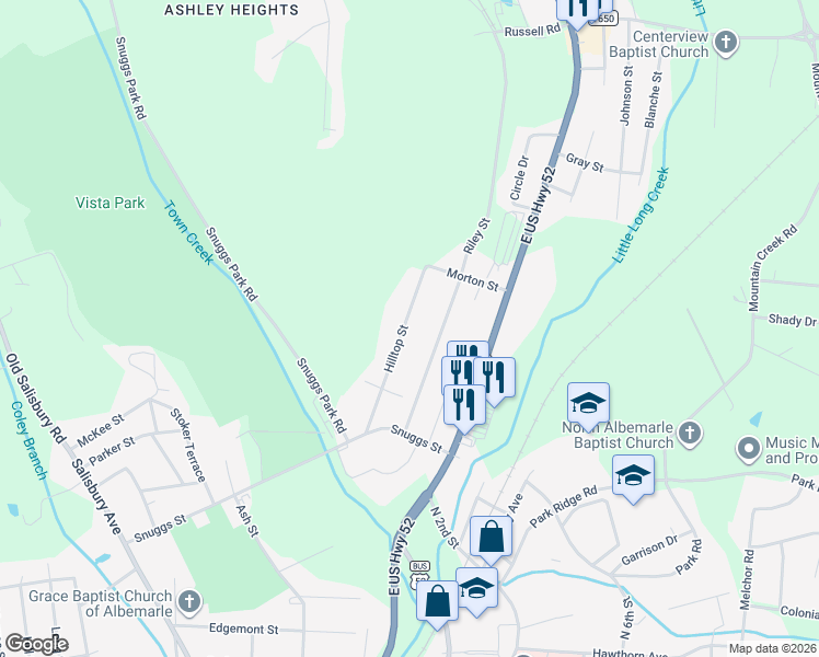 map of restaurants, bars, coffee shops, grocery stores, and more near 1460 Riley Street in Albemarle