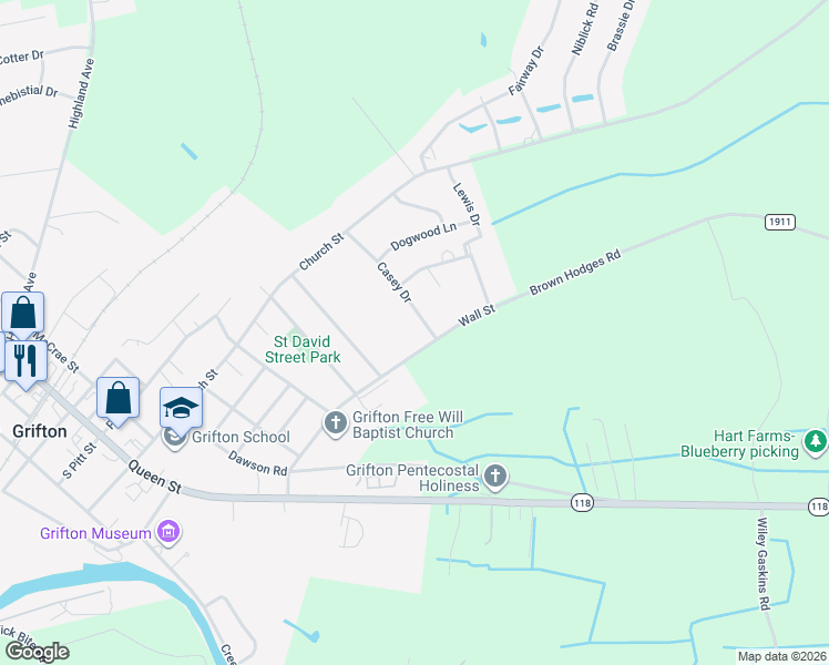 map of restaurants, bars, coffee shops, grocery stores, and more near 712 Casey Drive in Grifton