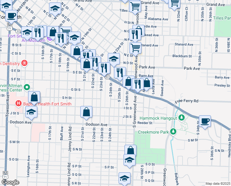 map of restaurants, bars, coffee shops, grocery stores, and more near 802 South 25th Street in Fort Smith