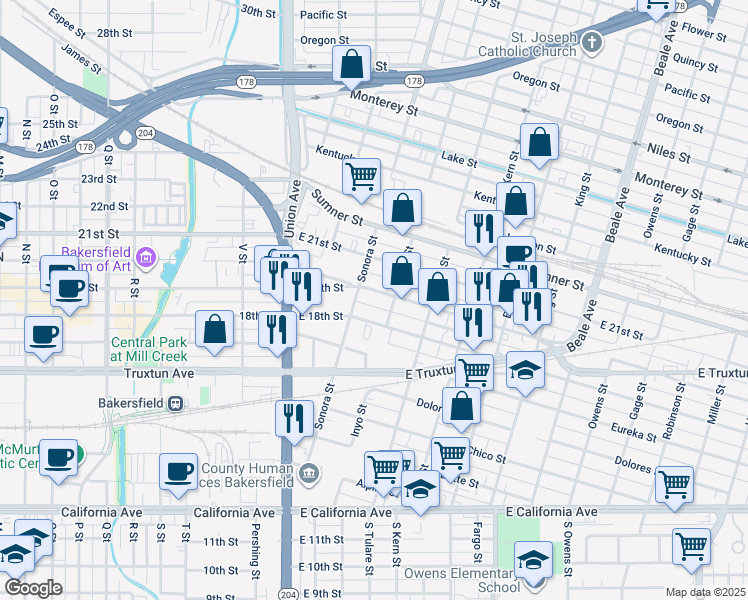map of restaurants, bars, coffee shops, grocery stores, and more near 309 East 19th Street in Bakersfield